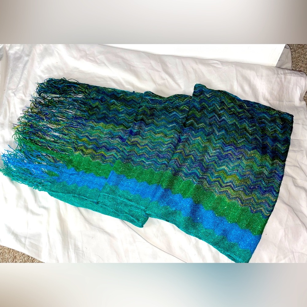 Beautiful Blue & Green Scarf with Tassels